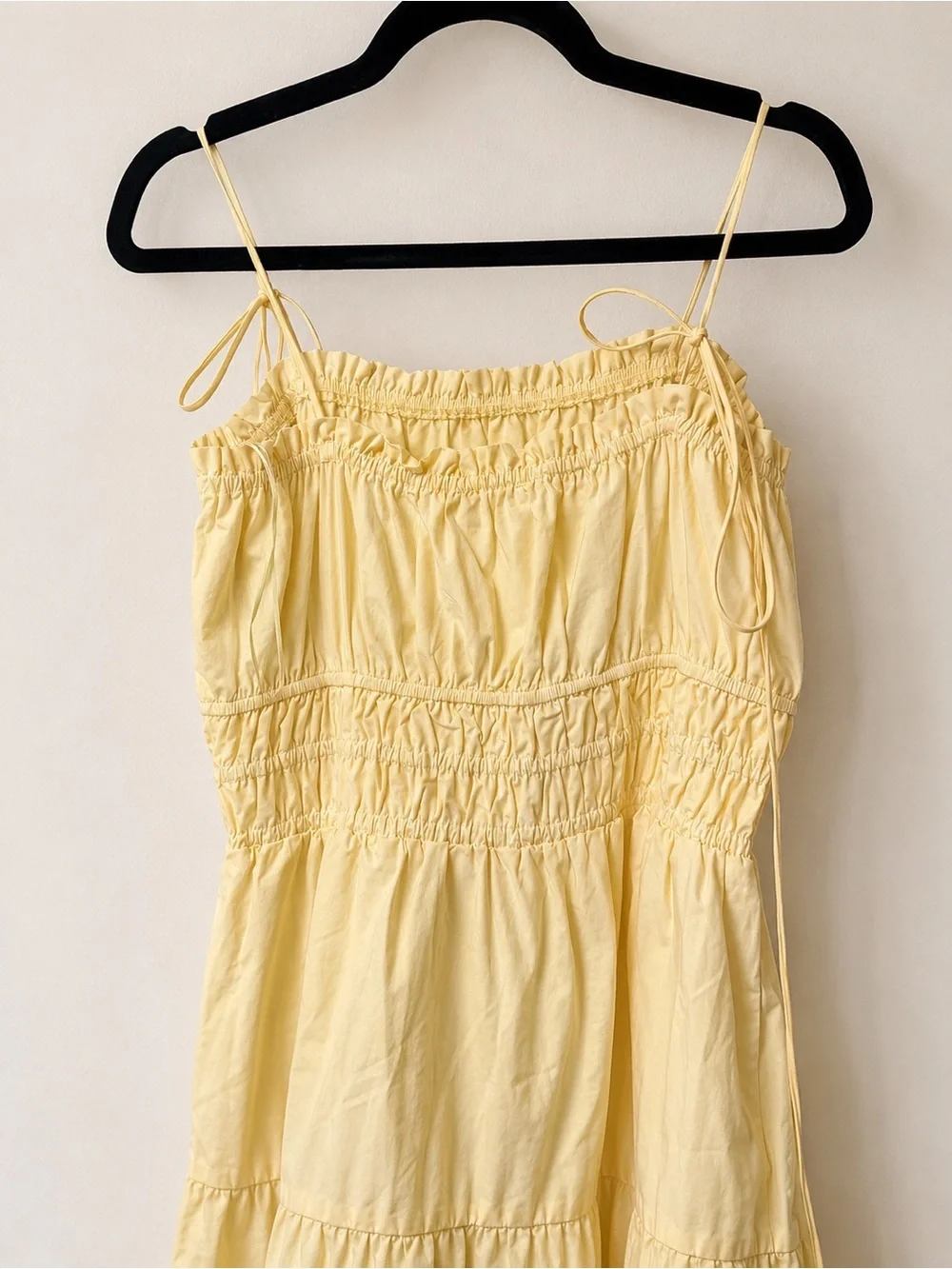 Mini Yellow Dress Ruched Tie Strap Smocked Sundress